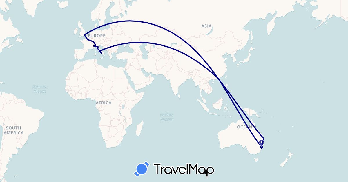 TravelMap itinerary: driving in Australia, Switzerland, France, United Kingdom, Hong Kong, Italy (Asia, Europe, Oceania)